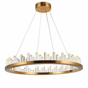 round gold chandelier with crystal obelisks 