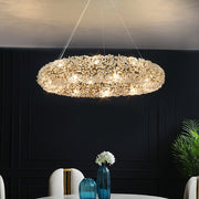round floral crystal chandelier in dining area