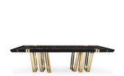 APOTHEOSIS DINING TABLE gold rod like legs dark marble top with gold in lays