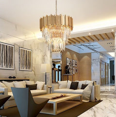 gold and crystal conical chandelier hanging in contemporary living room