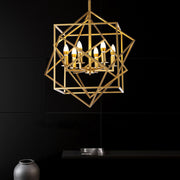 intertwined geometric shaped copper chandelier hanging in chic black room