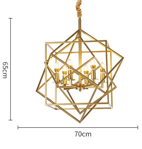 intertwined geometric shaped copper chandelier with dimensions of 65 cm height and 70 cm width