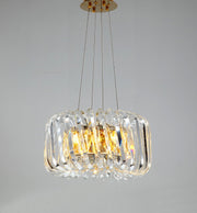 40 inch diameter round crystal chandelier with rectangular prisms and crystal spirals