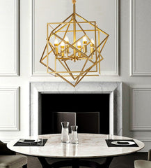 intertwined geometric shaped copper chandelier hanging over marble table