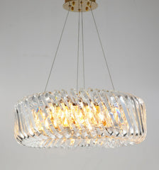 60 and 80 cm diameter round chandelier with gold bottom and crystal rectangular prisms and spirals