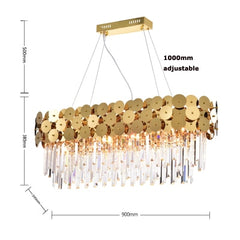 oval crystal chandelier with gold discs length 90 cm by height 38 cm