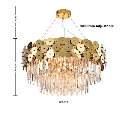 round crystal chandelier with gold discs 100 cm diameter by 40 cm height