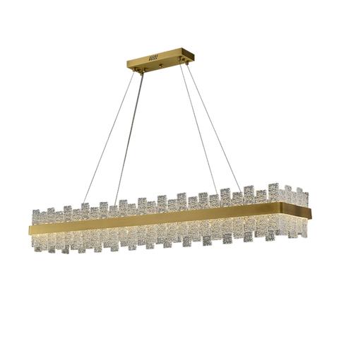 long rectangular water pattern glass chandelier with gold band