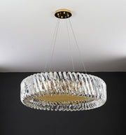 100 cm diameter round chandelier with gold bottom and crystal rectangular prisms and spirals