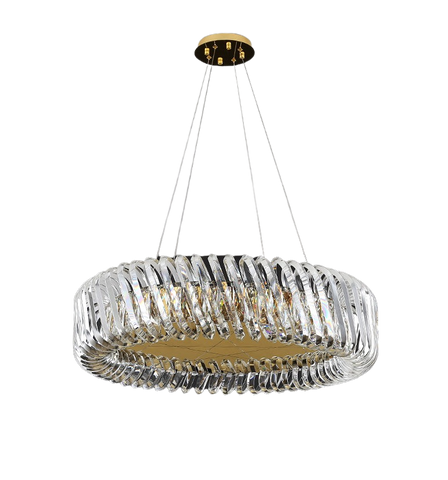 round chandelier with gold bottom and crystal rectangular prisms and spirals