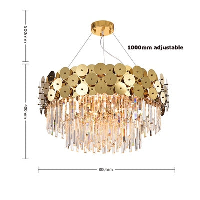 round crystal chandelier with gold discs 80 cm diameter by 40 cm height