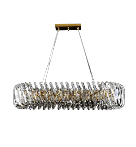 oval chandelier with crystal spirals and crystal rectangular prisms hanging from a gold rectangular canopy with adjustable wires