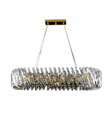 oval chandelier with crystal spirals and crystal rectangular prisms hanging from a gold rectangular canopy with adjustable wires