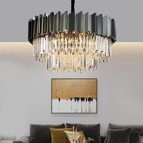 two tier crystal and gun metal grey chandelier hanging in living room