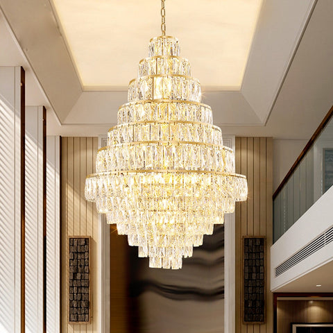 round gold or silver diamond shape large multi tiered crystal  ENTRYWAY, LIVING ROOM, FAMILY ROOM, HALLWAY, BEDROOM, DINING ROOM, BATHROOM, KITCHEN ISLAND, HOTEL, RESTAURANT, RECEPTION HALL chandelier lamp light