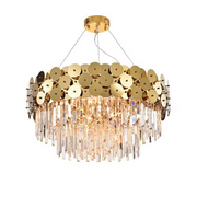 round crystal chandelier with gold discs
