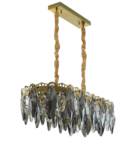 oval shaped crystals on oval chandelier with gold finish