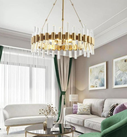 round gold modern chandelier with crystal tubes hanging in the living room
