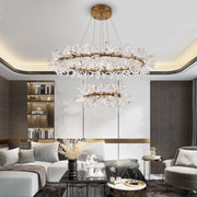 two tier crystal ring chandelier over living room