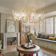 gold and crystal chandelier in keeping room