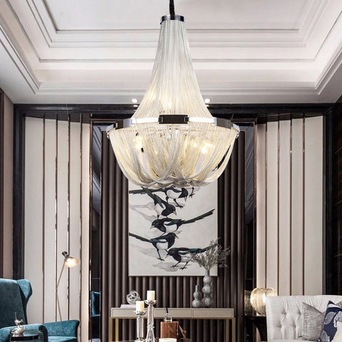 chain tassel chandelier in chrome hanging in luxury living room