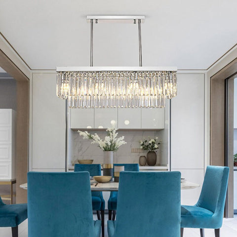 chrome flush mount rectangular crystal chandelier in dining room
