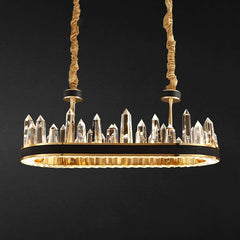 oval gold chandelier with leather bank and obelisk shaped crystals