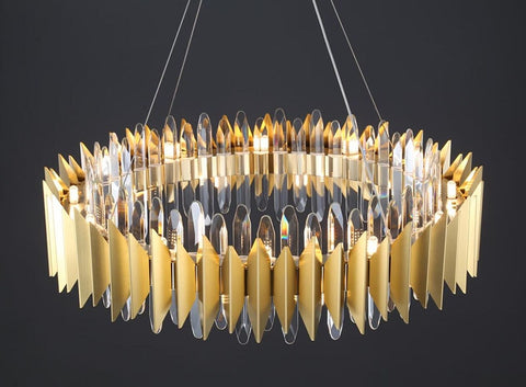 gold chandelier round modern crystal top view illuminated with LED