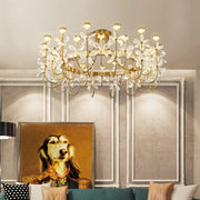 round gold crystal floral chandelier in living room