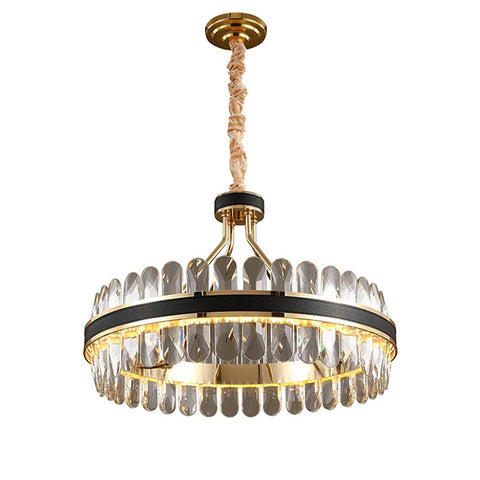 round crystal chandelier with leather and gold