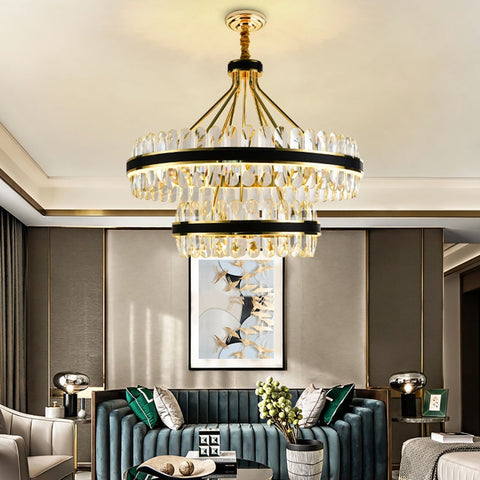 round crystal chandelier with leather and gold two tier hanging in living room