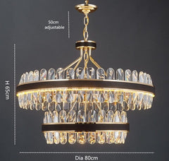round crystal chandelier with leather and gold two tier Height 65 cm diameter 80 cm