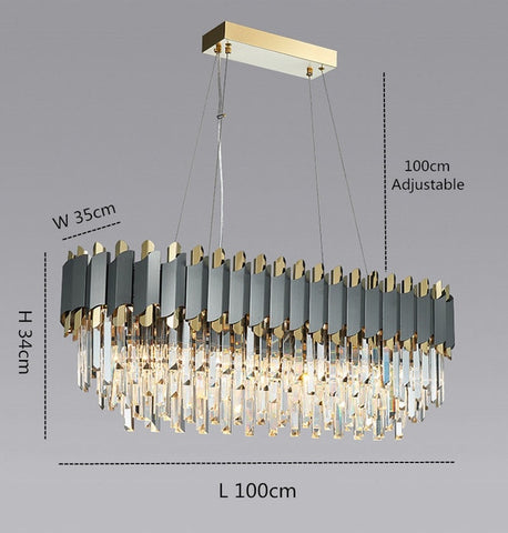 rectangular chandelier with gun metal gray and gold body with rectangular crystals dimensions height 34 cm by 100 cm length