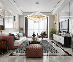 round tiered crystal gold chandelier in living room