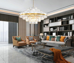 round tiered crystal gold chandelier in living room