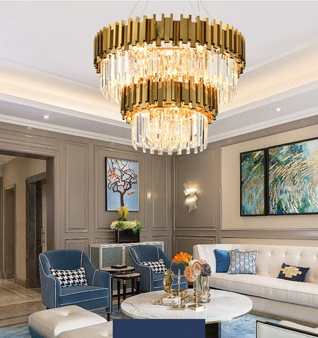 four tier gold and crystal round chandelier in luxury living room