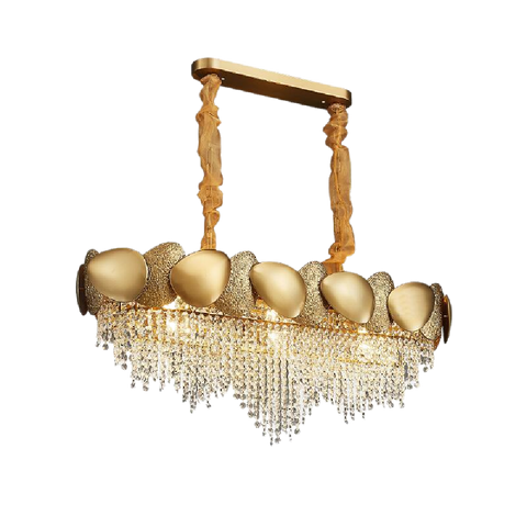 long crystal chandelier with gold decoration