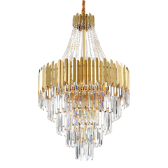 Crystal multi tier chandelier with gold decoration at top 