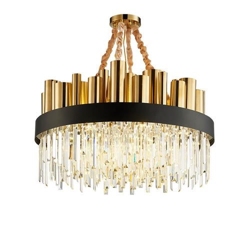 round crystal chandelier with black and gold frame