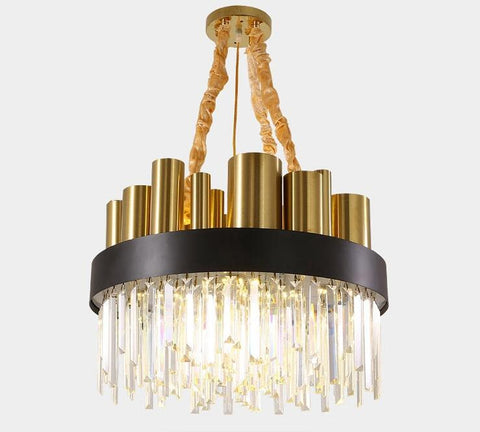 round crystal chandelier with black and gold frame small