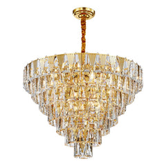 conical gold crystal chandelier illuminated