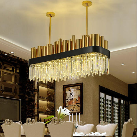 rectangular crystal chandelier with gold and black body in formal dining room