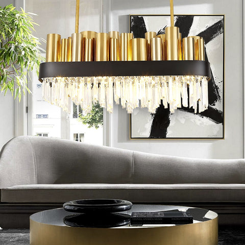 rectangular crystal chandelier with gold and black body in stylish modern living room