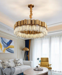 round gold modern crystal chandelier in living room
