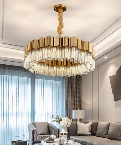 round gold modern crystal chandelier in living room