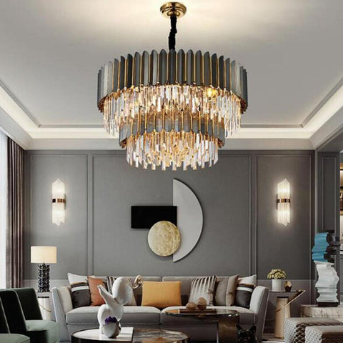 gray and gold 2 tier crystal round chandelier in living room