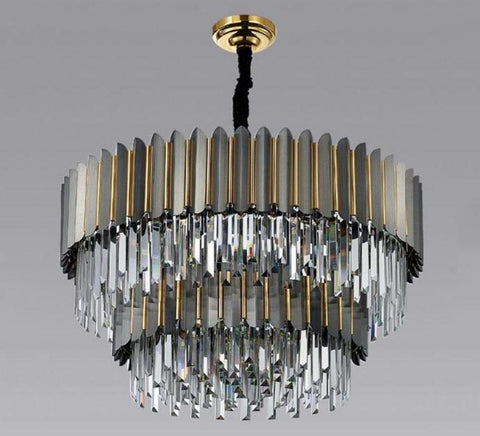 gray and gold 2 tier crystal round chandelier with lights off