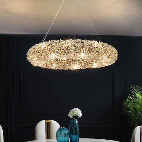 round floral crystal chandelier in dining area