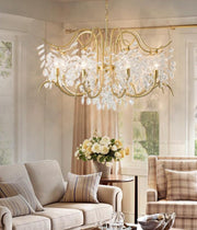 gold and crystal chandelier in living room
