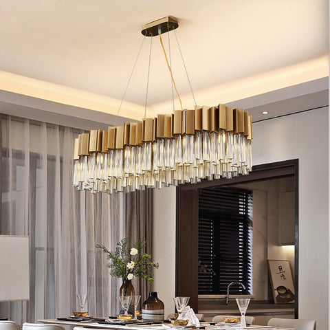 golden body unique crystal oval chandelier over dining room table
